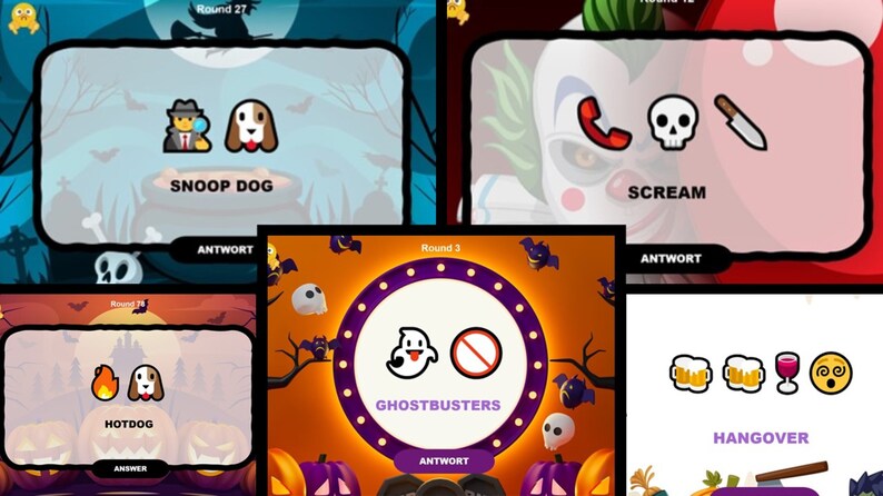 May include: A Halloween-themed game show with four different rounds. Each round features a different movie title and corresponding icons. The game show is set against a backdrop of bats, pumpkins, and a spooky forest.