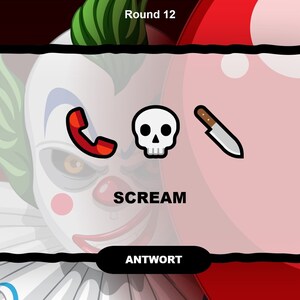 May include: A red, white, and blue clown face with green hair is shown in the background of a white square. The square has a red phone, a white skull, and a black knife on it. The text "SCREAM" is below the icons and the text "ANTWORT" is below that.