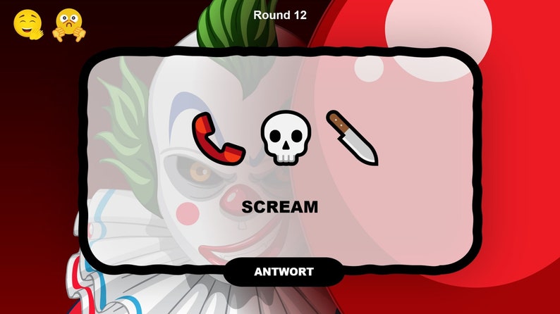 May include: A red, white, and blue clown face with green hair is shown in the background of a white square. The square has a red phone, a white skull, and a black knife on it. The text "SCREAM" is below the icons and the text "ANTWORT" is below that.