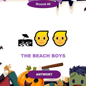 May include: A Halloween-themed game with a white background and a purple border. The game is titled "Round 45" and features a black and white illustration of a beach umbrella and waves. The text "THE BEACH BOYS" is written in purple letters below the illustration. Two yellow cartoon faces with smiles are on either side of the illustration. The game has a purple button that says "ANTWORT" in white letters.