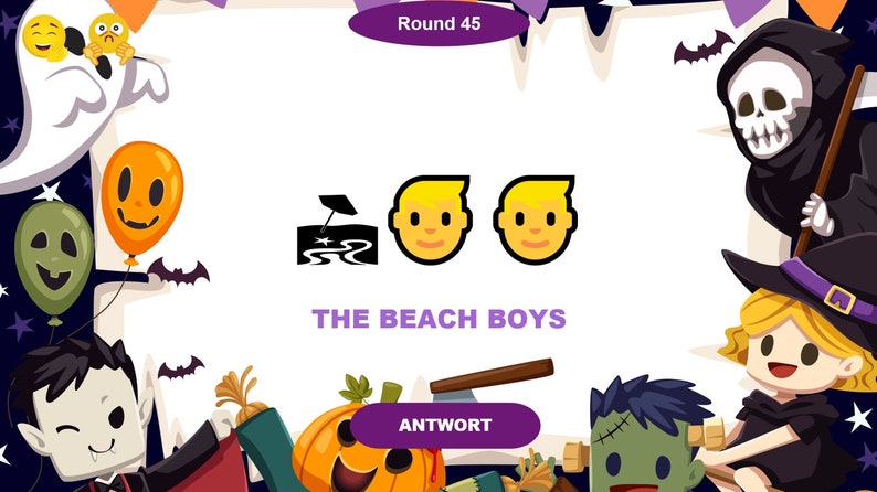 May include: A Halloween-themed game with a white background and a purple border. The game is titled "Round 45" and features a black and white illustration of a beach umbrella and waves. The text "THE BEACH BOYS" is written in purple letters below the illustration. Two yellow cartoon faces with smiles are on either side of the illustration. The game has a purple button that says "ANTWORT" in white letters.