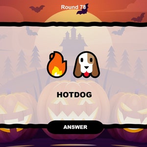 May include: A game screen with a Halloween theme. The word "HOTDOG" is displayed in the center of the screen. Two icons are shown above the word: a fire and a dog. The word "ANSWER" is displayed at the bottom of the screen.