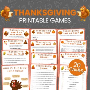 Könnte beinhalten: Eine Sammlung von 20 druckbaren Thanksgiving-Spielen, darunter Quiz, Wortspiele und Emoji-Rätsel. Das Design umfasst Truthahn-Illustrationen und herbstliche Grafiken, ideal für die Feiertagsunterhaltung.