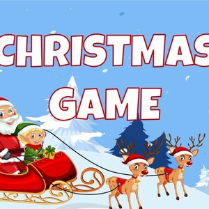 Könnte beinhalten: Eine Weihnachts-Spiel-Illustration mit dem Weihnachtsmann, Elfen, Rentieren und einem Schneemann. Der Weihnachtsmann fährt in einem roten Schlitten, der von Rentieren gezogen wird. Die Elfen helfen dem Weihnachtsmann mit dem Schlitten. Der Schneemann steht neben dem Schlitten. Der Text "CHRISTMAS GAME" ist in weißen Buchstaben auf rotem Hintergrund geschrieben.