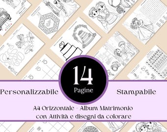 Matrimonio Nozze Album giochi e disegni da Colorare Personalizzabile | A4 Orizzontale| Libro Attività | Kit bambini Nozze | Italian wedding