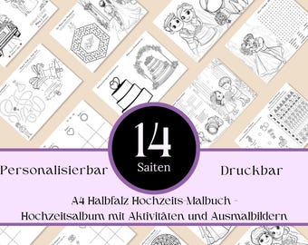 Personalisierbares Hochzeits Malbuch | A4 Halbfalz| 14 Seiten Kinder Aktivität | Hochzeitsheft Paket für Kinder | Druckbares Hochzeitsheft