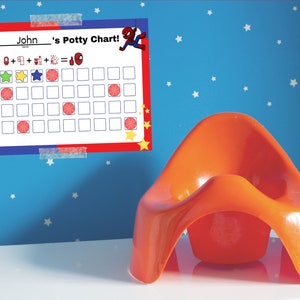 May include: An orange plastic potty chair sits in front of a blue wall with white stars. A potty chart is taped to the wall, featuring Spider-Man graphics and the text "John's Potty Chart!"