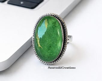 Handmade Oval Green Jade Ring: 925 Sterling Silver Boho Ring