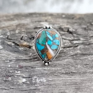 Oyster Copper Turquoise Solid 925 Sterling Silver Ring For Women, Handmade Three Band Oyster Pear Ring For Wedding Anniversary Gift For Her