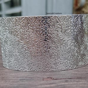 Boho Wide Silver Cuff | Engraved Floral Design Jewelry Sterling Silver Statement Cuff | Floral Engraved Bangle Silver Wide Cuff