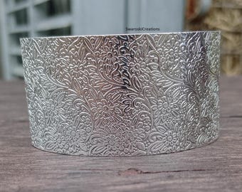 Boho Floral Engraved Sterling Silver Wide Cuff Bracelet