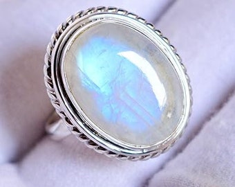 Rainbow Moonstone Ring / 925 Sterling Silver Ring / June Birthstone Ring / Large Oval Moonstone Ring / Handmade Jewelry Ring / gift for him