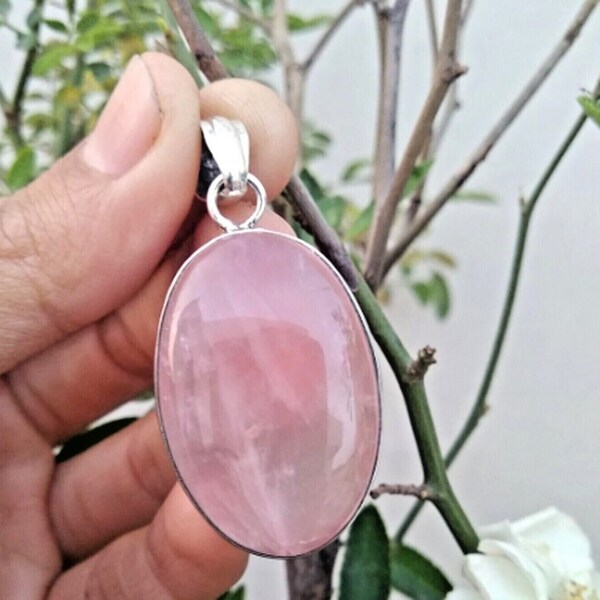 Natural Rose Quartz Pendant - 925 Sterling Silver Pendant - Oval Shape Gemstone Pendant- Big Size Stone Silver Pendant- Handcrafted Pendant