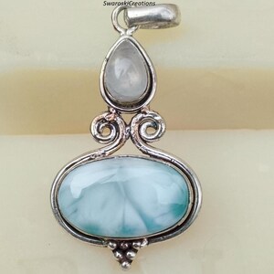 Larimar & Moonstone Pendant, 925 Sterling Silver, Vintage Jewelry, Handmade Pendant, Designer Pendant, Gift Pendant, Two Stone Pendant