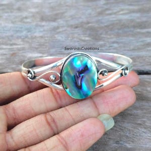 Pulsera de concha de abulón hecha a mano: pulsera de plata de ley 925