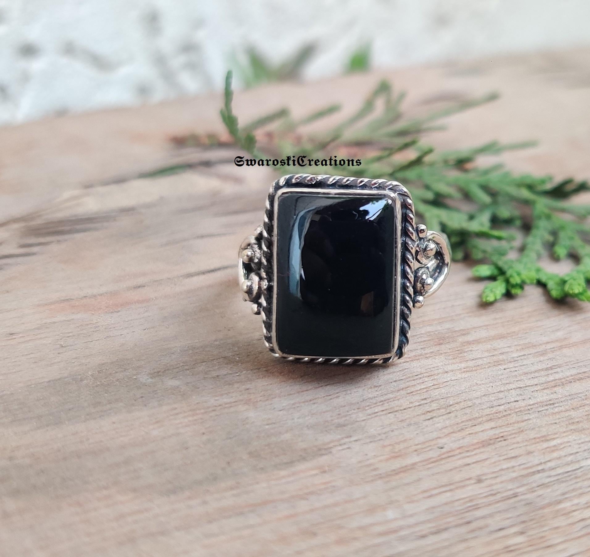 Black Onyx Moon Ring: Sterling Silver Celestial Boho Jewelry
