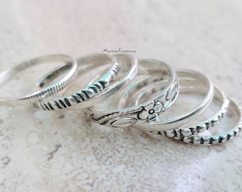 Juego de anillos apilables de plata de ley: con cuentas, trenzados y punteados