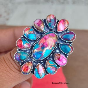 Anel de cobre rosa turquesa, anel de prata esterlina 925, anel feito à mão, anel oval com pedras preciosas, anel de declaração, anel de aniversário, presente para ela