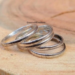 Sterling Silver Stacking Rings Set: Dainty Beaded & Twisted Bands