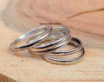 Sterling Silver Stacking Rings Set: Dainty Beaded & Twisted Bands