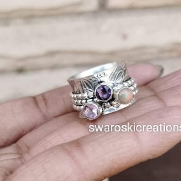 Ethiopian Opal Ring, Spinner Ring, Amethyst Ring, Rose Quartz Ring, 925 Silver Ring, Handmade Ring, Women Ring, Fidget Ring, Gift For Her,