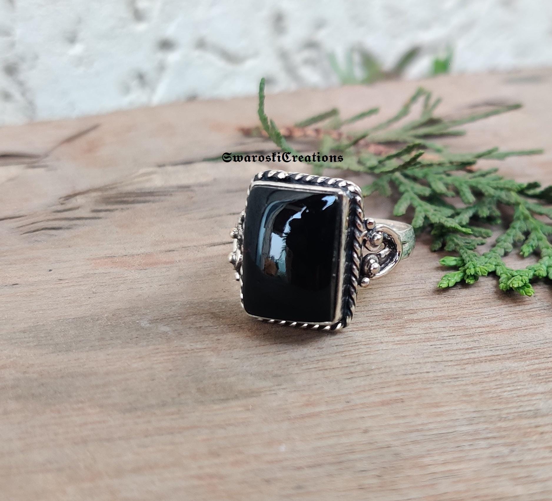 Black Onyx Moon Ring: Sterling Silver Celestial Boho Jewelry