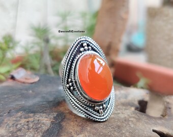 Boho Carnelian Ring: Handmade 925 Sterling Silver, Orange Gemstone