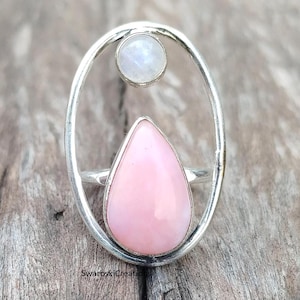 Pink Opal & Moonstone Ring , Sterling Silver Ring , Handmade Ring , Pink Opal Jewelry , Christmas Gifts , Silver Jewelry , Statement Ring