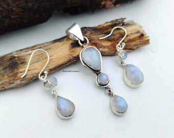 Rainbow Moonstone Pear Pendant & Earrings  925 Sterling Silver  Teardrop Shape Jewelry