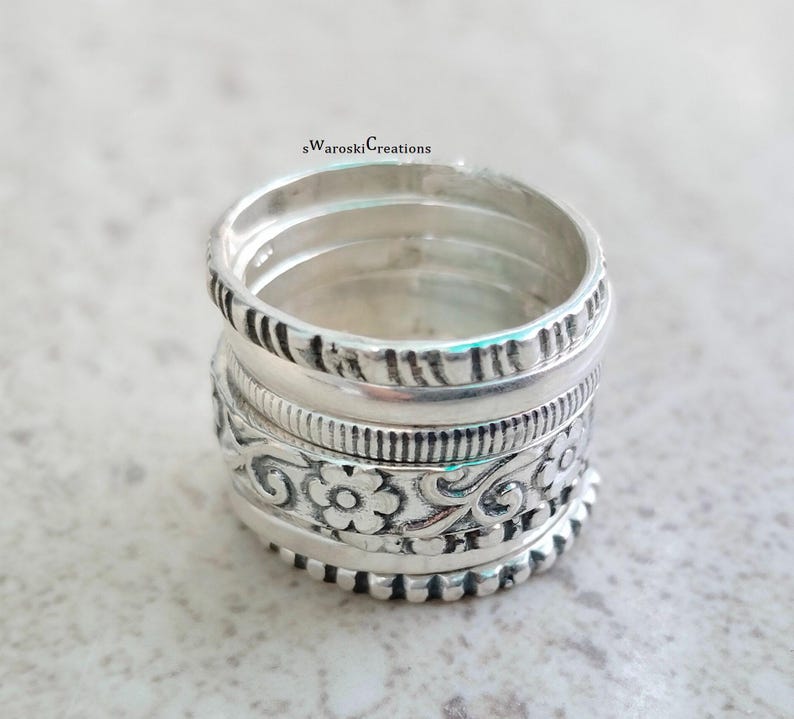 Silver Patterned Rings Sterling Silver Stacking Rings Set: Boho Dotted & Patterned Rings - Etsy