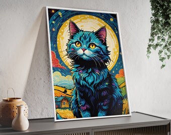 Marco de madera gato pared arte retrato I inspirado en Van Gogh