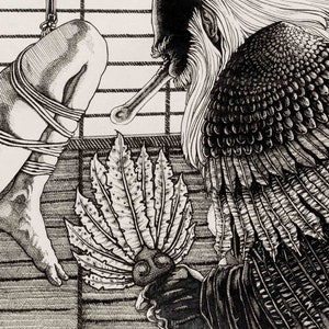 Pu&ograve; includere: Un'illustrazione in bianco e nero di una persona legata con una corda, una grande creatura simile a un uccello con piume e una grande pianta con foglie.