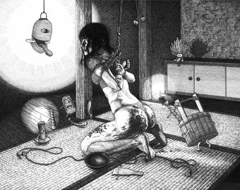 May include: A black and white illustration of a woman tied up and kneeling on a straw mat. She is bound with rope and has a lantern hanging above her head. There are other objects in the room, including a bucket and a small creature.