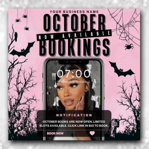 Puede incluir: Gráfico promocional rosa y negro con temática de Halloween con el texto "RESERVAS DE OCTUBRE AHORA DISPONIBLES". Un smartphone muestra una notificación sobre las reservas de octubre. Murciélagos, arañas y árboles desnudos decoran el fondo. El teléfono muestra las 7:00.