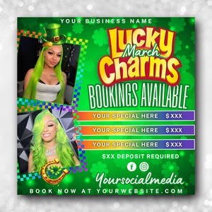 Folleto de reservas de marzo, folleto del Día de San Patricio, folleto de Lucky Charms, cabello, uñas, pestañas, maquillaje, trenzas, pelucas, paquetes, folleto de libros de marzo ya disponibles