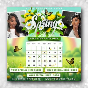 May include: A spring-themed promotional graphic with a calendar for April. The design features a floral arrangement with the word "Spring" in script, butterflies, and two portraits. The text reads "April Books Now Open."