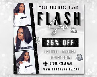 以下が含まれることがあります： ダイヤモンドのパターンと「FLASH Sale 25% OFF」というテキストが書かれた白黒のグラフィックデザイン。「USE CODE: FLASH25」というテキストはセールテキストの下にあります。「LET'S GET SOCIAL」というテキストはコードテキストの下にあります。「@YOURINSTAGRAM」というテキストが書かれたソーシャルメディアアイコンは、ソーシャルテキストの下にあります。「WWW.YOURWEBSITE.COM」というテキストはソーシャルメディアアイコンの下にあります。