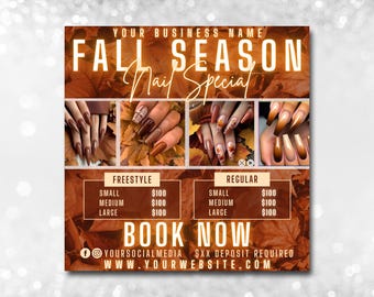 May include: A promotional image for a nail salon with the text "FALL SEASON Nail Special." The image features four nail designs in shades of brown and orange, with a background of fall leaves. The image also includes the text "BOOK NOW."