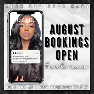 August Bookings Flyer, August Bookings Available, August Appointment Flyer, Hair, Nails, Lashes, Makeup, Braids, Wigs, Bookings Open Flyer