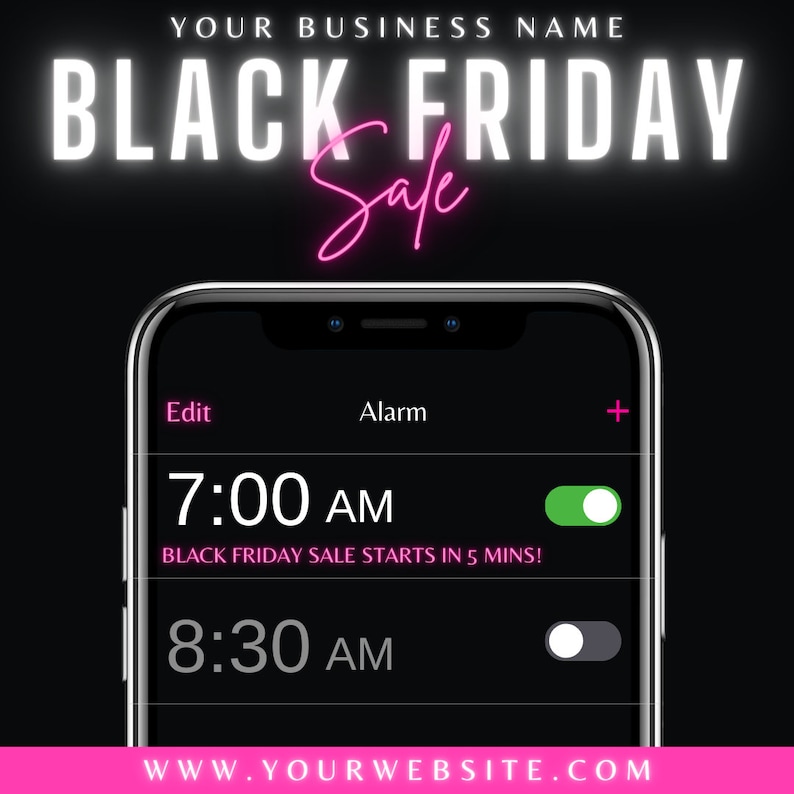 May include: Black Friday sale advertisement with a smartphone displaying an alarm set for 7:00 AM. The text reads "BLACK FRIDAY Sale" in white and pink neon against a black background. The website address is displayed at the bottom.