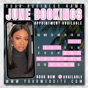 DIY June Book Now Flyer Summer Bookings Appointments Available Flyer Template, Hair, Lashes, Make up, Nails, Stylist, Canva, Social Media