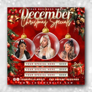 Könnte beinhalten: Eine festliche rote Weihnachtswerbung mit dem Text "December Christmas Specials". Drei Frauen werden in transparenten, kugelförmigen Rahmen gezeigt. Das Design umfasst Weihnachtsschmuck, Glocken und eine Geschenkbox. Die Grafik enthält auch Social-Media-Handles und eine Website-Adresse.