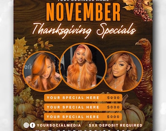 November Bookings Flyer, Thanksgiving Bookings Fall Szn Booking special November Flash Sale Flyer Hair Lash Nails Braids Wigs Makeup Bundles