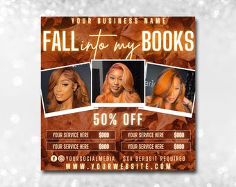 May include: An advertisement with a fall theme, featuring three photos of a woman with auburn hair. The text "FALL into my BOOKS" is displayed, along with "50% OFF" and service details. Social media and website information are also included.