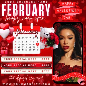 May include: Red Valentine's Day promotional graphic with text "February books now open." Features a calendar highlighting February 14th, a teddy bear with roses, and a woman with red roses. Includes the text "Happy Valentine's Day" and "All My Love."