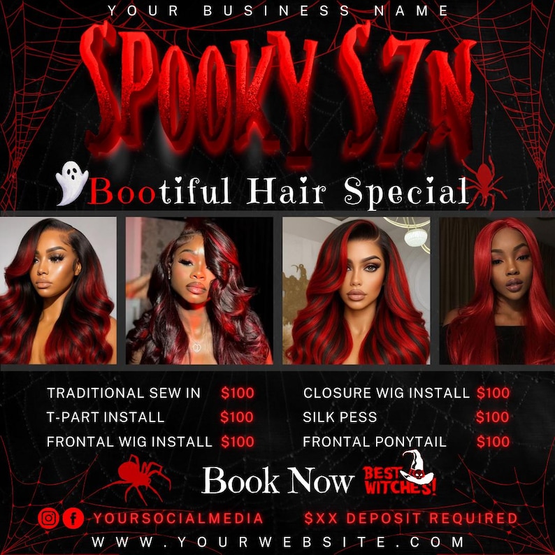 Pode incluir: Gr&aacute;fico promocional para um sal&atilde;o de cabeleireiro com o texto "SPOOKY SZN" e "Bootiful Hair Special". Apresenta imagens de mulheres com cabelo vermelho e preto, juntamente com op&ccedil;&otilde;es de servi&ccedil;o como costuras e instala&ccedil;&otilde;es de perucas. O fundo &eacute; preto com teias de aranha.