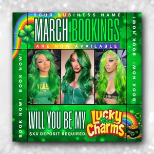 Folleto de reservas de marzo, folleto del Día de San Patricio, folleto de Lucky Charms, folleto de March Madness, cabello, pestañas, uñas, maquillaje, trenzas, paquetes, peluca, maquillador