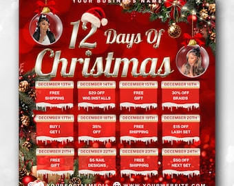 12 Days of Christmas Flyer, Christmas Sale, Christmas Deal, Christmas Discount, Holiday Special, Hair Lash Nails Braids Wigs Makeup Bundles