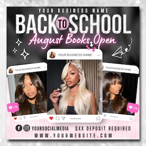 May include: A promotional graphic with the text "BACK TO SCHOOL August Books Open" in white and pink. It features three social media-style frames with images of women. The graphic includes social media icons and the website address.