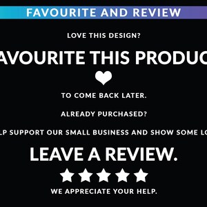 Pode incluir: Fundo preto com texto branco. O texto diz "FAVOURITE THIS PRODUCT" e "LEAVE A REVIEW." Inclui um cora&ccedil;&atilde;o branco e cinco estrelas brancas. O banner superior diz "FAVOURITE AND REVIEW."